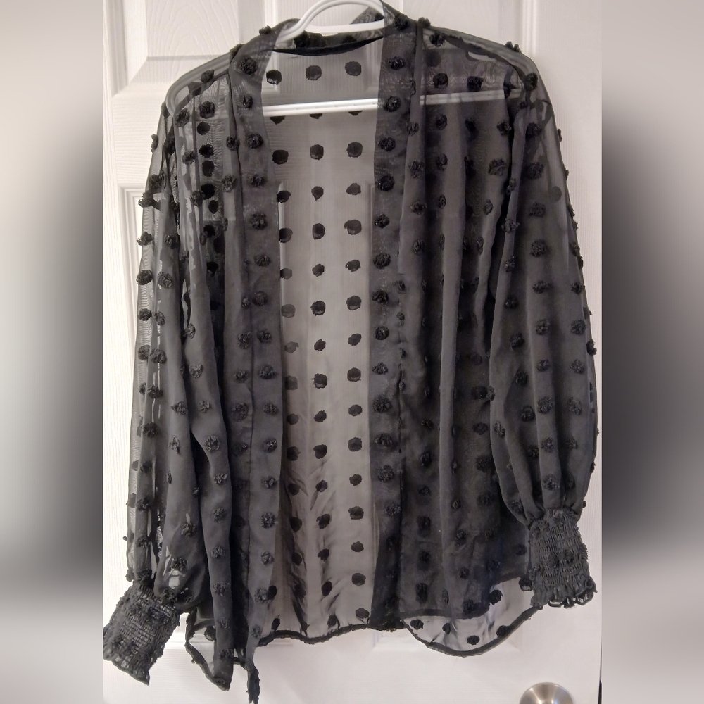 Black Open Front Sheer Cardigan with Textured Polka Dots – Size Large